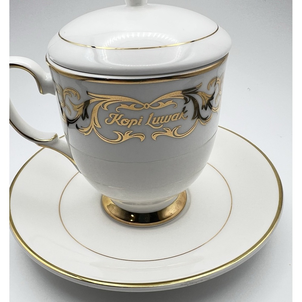 Vintage Hankook Ceramic Kopi Luwak Lidded Coffee Cup Saucer Set Gold Trim Rare - Picture 4 of 16